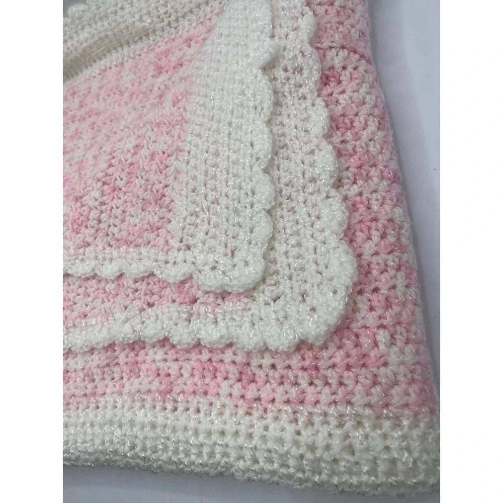 Handmade Crochet Baby Blanket Pink White Scalloped Border Soft Knit Nursery
